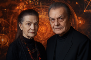 Két portré: Stanislav Grof és Christina Grof képzeletbeli, realisztikus ábrázolása. Mögöttük tudományos és spirituális motívumok, jelképezve a holotrop légzés pszichológiai és spirituális hátterét.