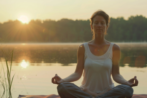 Pozitívabb, reménytelibb hangvételű kép, ahol valaki meditál egy nyugodt természetes környezetben, például egy vízparton