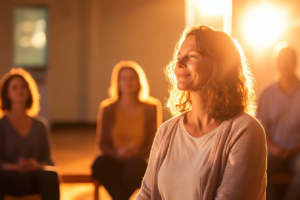 Egy meditációs szakember és egy csoport, akik biztonságos, támogató környezetben vesznek részt egy elmélyült gyakorlásban. A háttér lágy és barátságos, meleg fényekkel, amelyek biztonságos és támogató módosult tudatállapotot sugallnak.