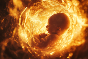 egy magzat az anyaméhben, aki éppen békésen pihen, de ha lesznek születési traumái, akkor azokat ki kell oldani egy Rebirthing / Újjászületés tréning,en vagy egy Transzlégzés során